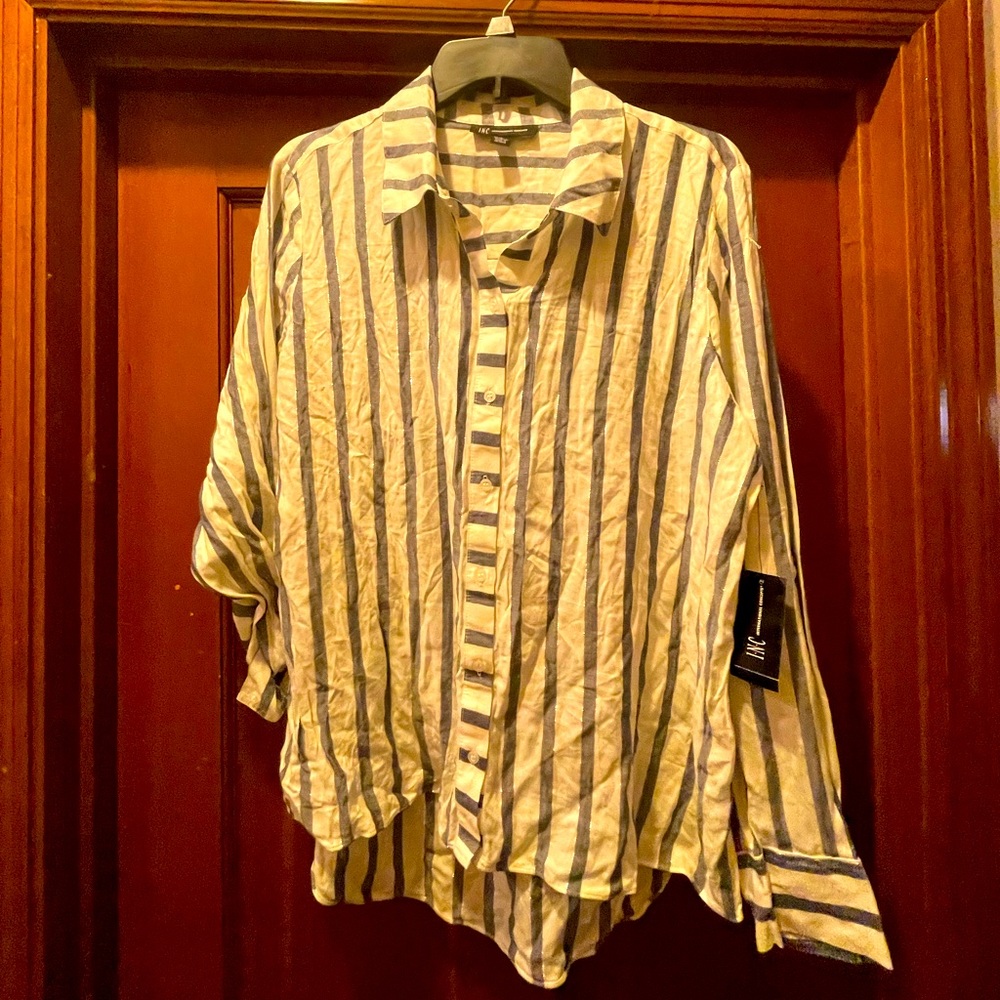 INC striped Long Sleeved Button Front Blouse